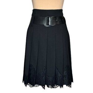 Vintage Burberry Pleated Skirt Sz.6 Black Wool Lace Hem Leather Belt Goth 90s
